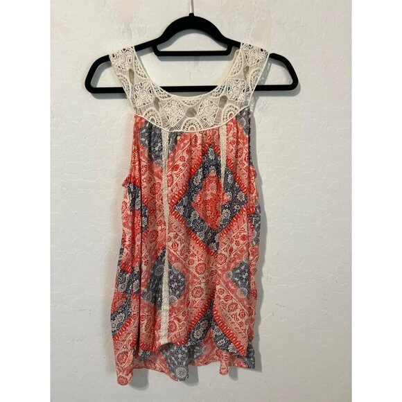 Eyeshadow Crochet Neckline Red White Blue Americana Tank Blouse Sz L - Picture 2 of 8
